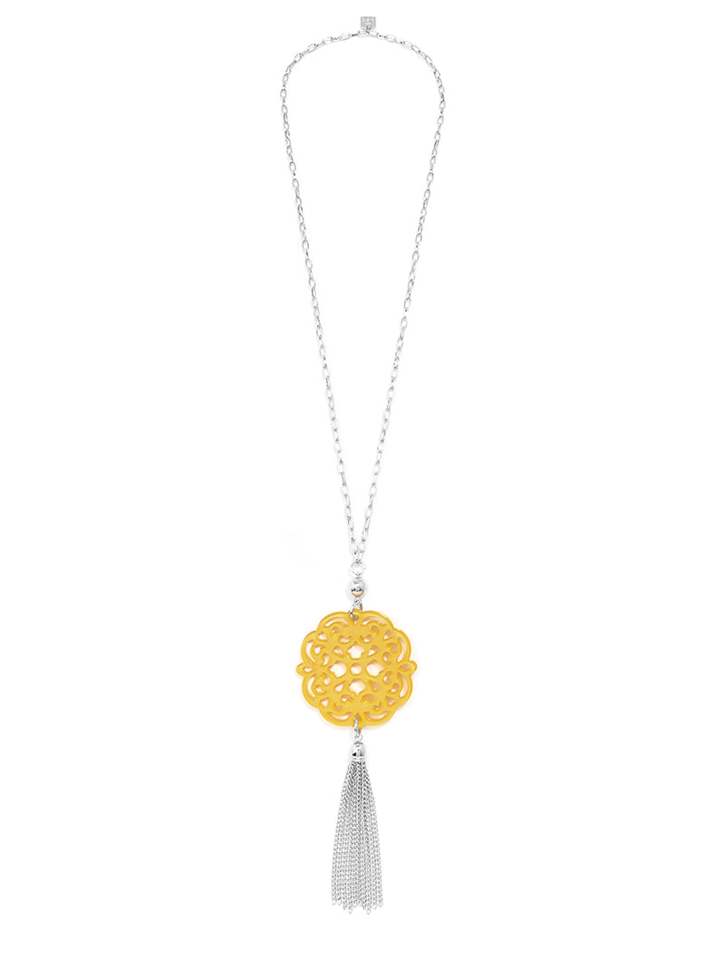 Allure Resin Pendant Necklace With Tassel - silver and honey